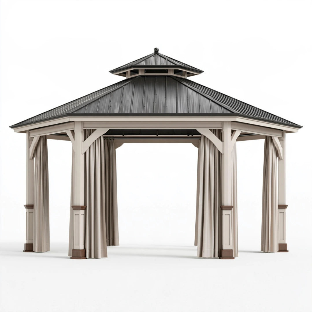 Gazebo da giardino 400 x 400 x 330 cm in legno beige con tetto in metallo - padiglione coperto