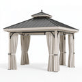 Gazebo da giardino 300 cm x 300 cm in metallo beige e grigio con tetto rigido e tende