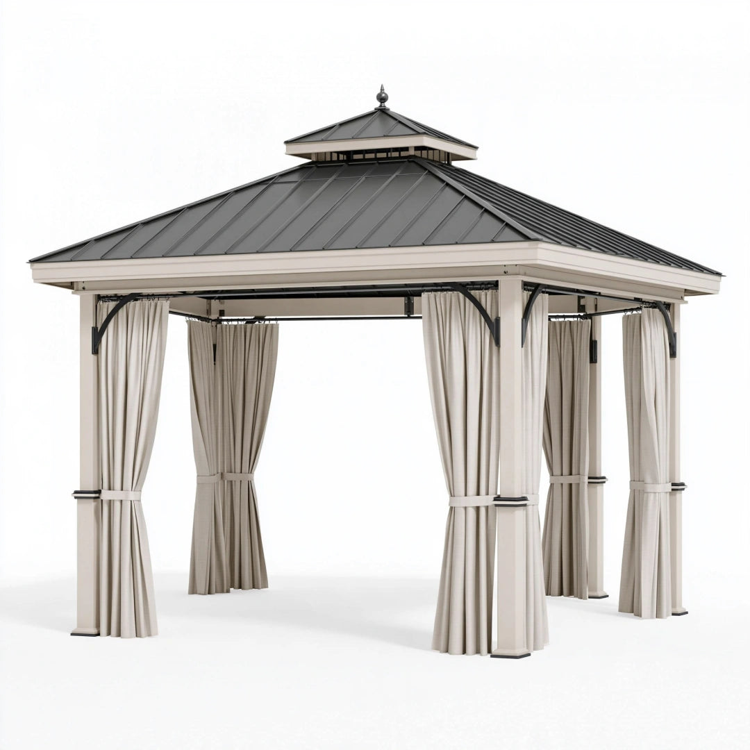 Gazebo da giardino 300 cm x 300 cm in metallo beige e grigio con tetto rigido e tende