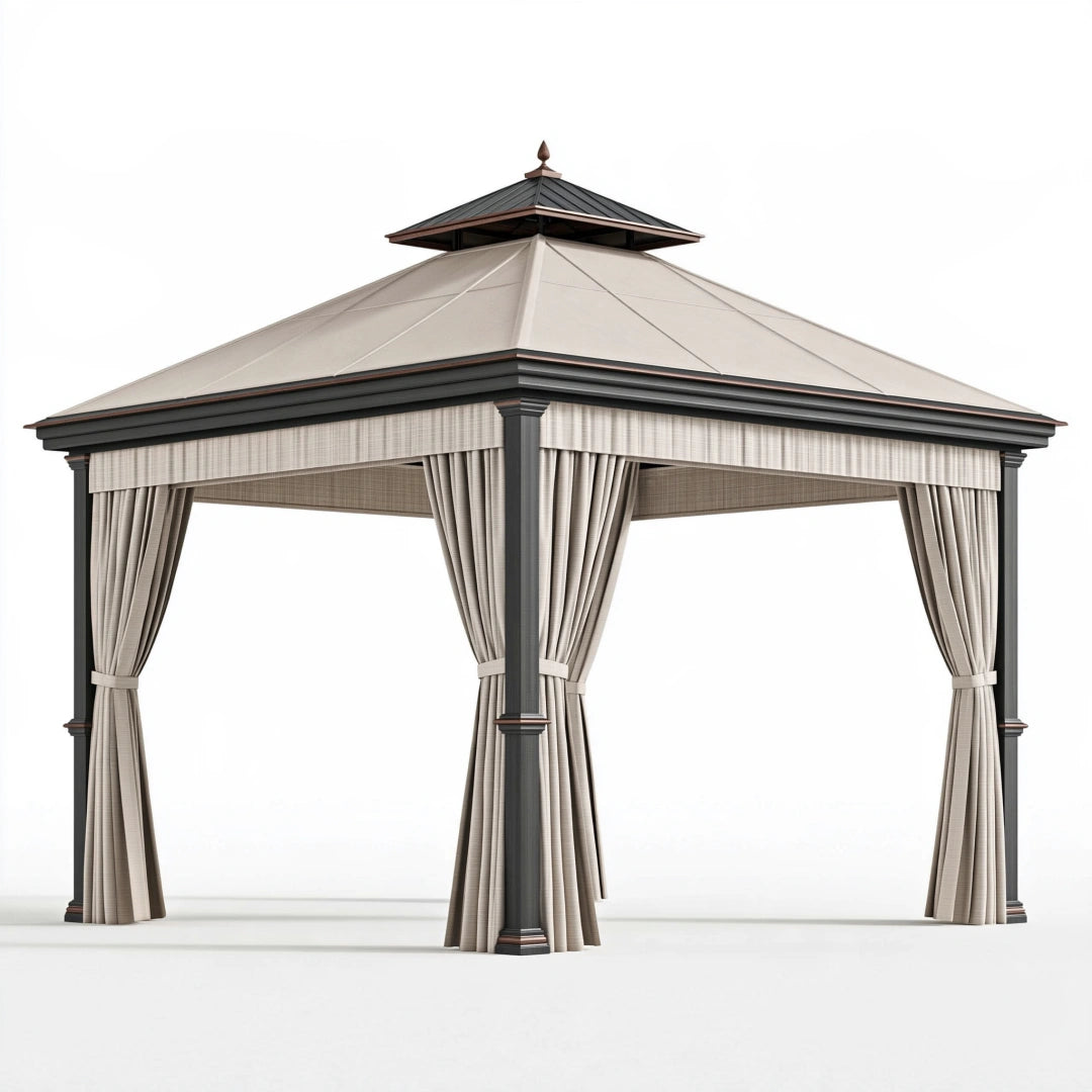 Gazebo 300 x 300 cm in acciaio nero e tessuto beige per esterni con tende e tetto ventilato