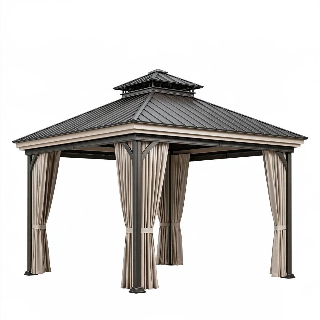 Gazebo 300 x 300 cm in metallo antracite e beige con tende da esterno - tetto ventilato