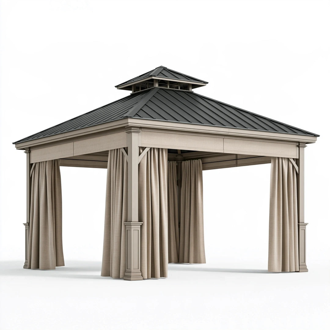Gazebo da giardino 300 x 300 x 300 cm in metallo beige e nero con tende - copertura ombreggiante classica