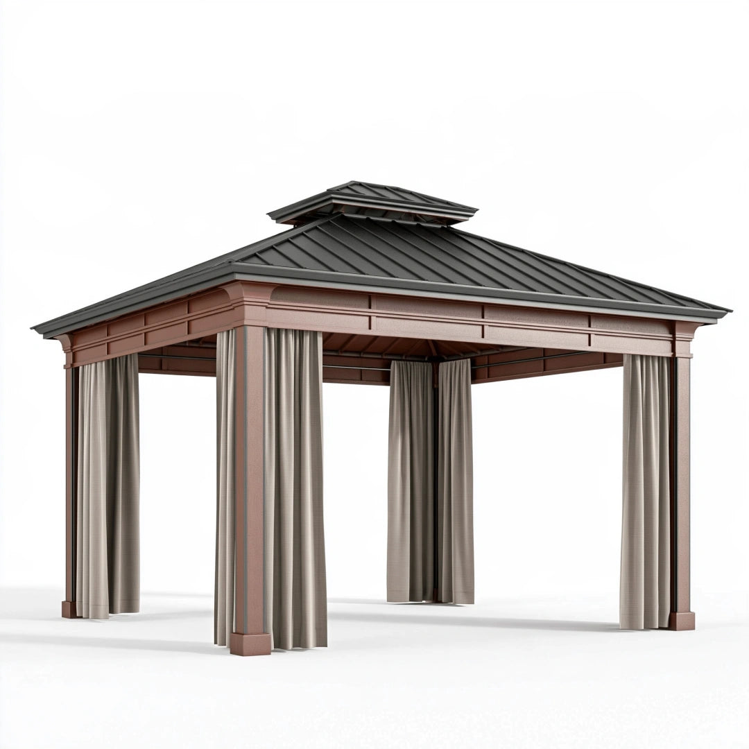 Gazebo da giardino 300 x 300 cm in metallo marrone con tende e tetto a padiglione