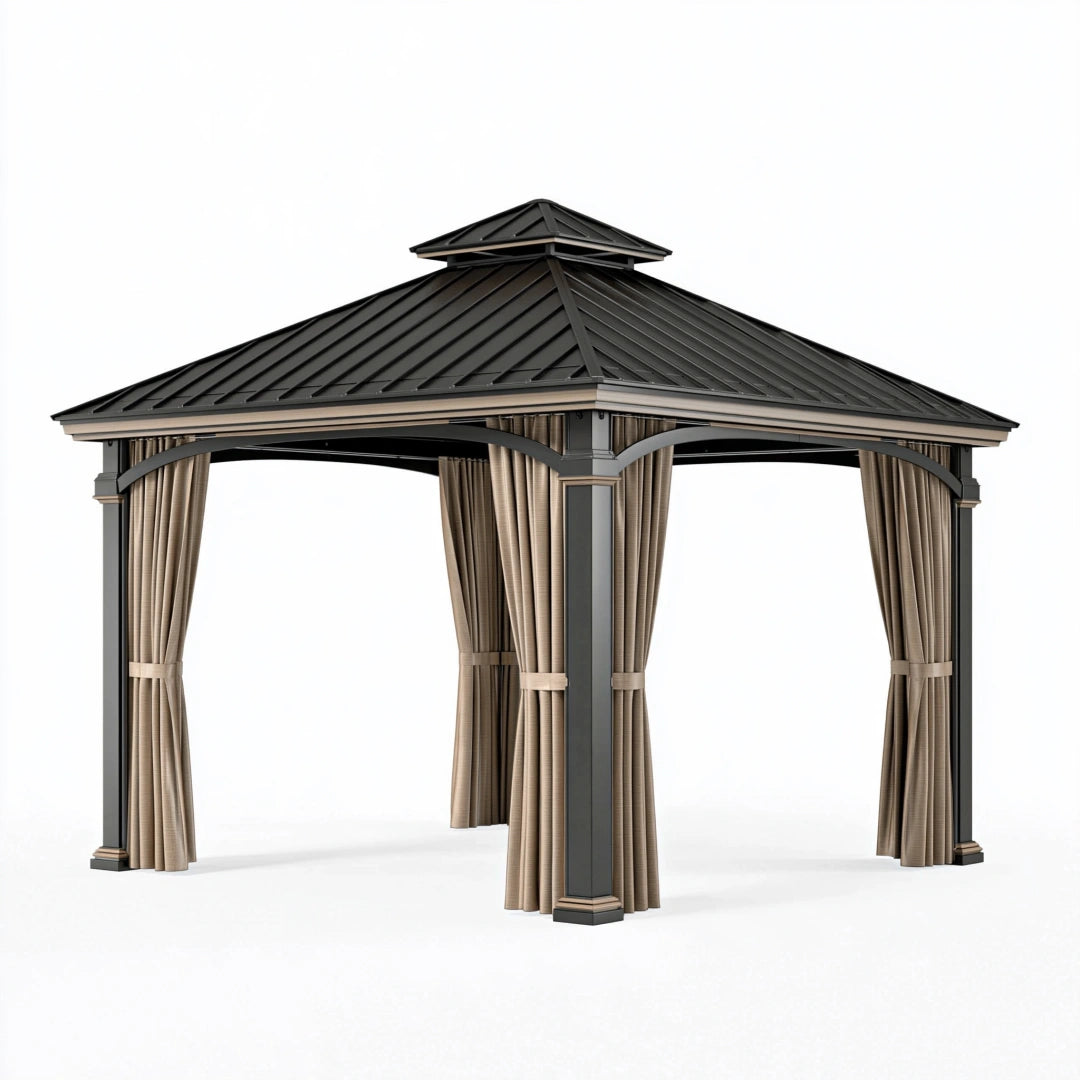 Gazebo da giardino 300 x 300 cm in metallo nero con tende beige stile classico