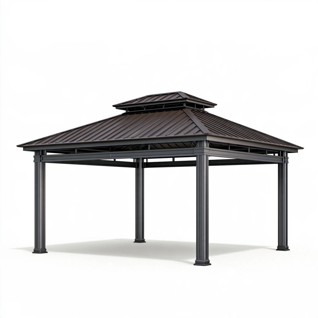 Gazebo 300 x 300 x 300 cm in metallo nero e marrone con tetto ventilato per esterno