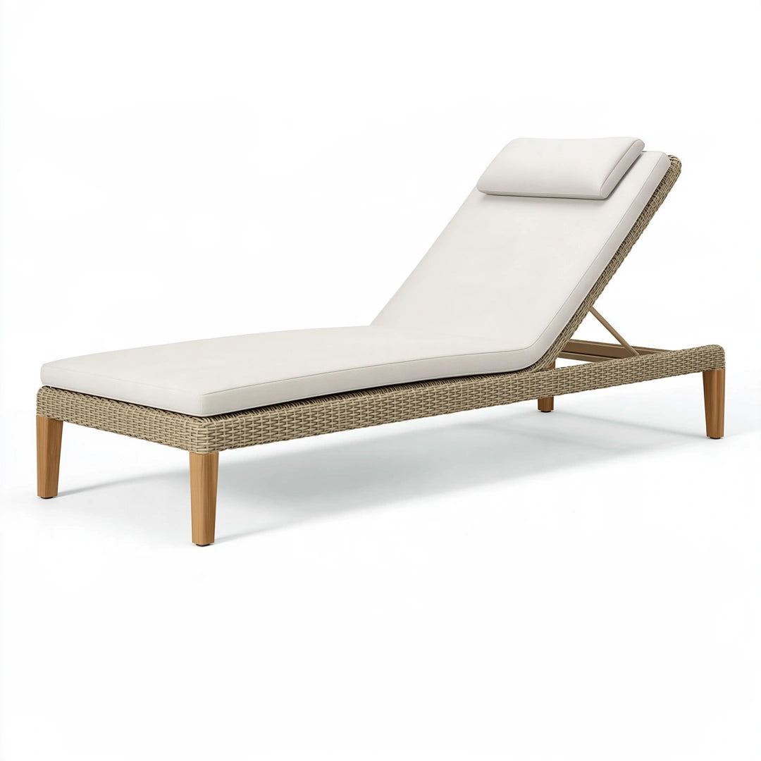 Lettino prendisole 200 x 70 cm in rattan sintetico beige con rivestimento bianco reclinabile da esterno