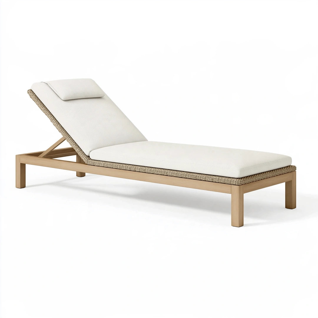 Lettino prendisole 200 x 70 cm in legno beige con rivestimento intrecciato e schienale regolabile