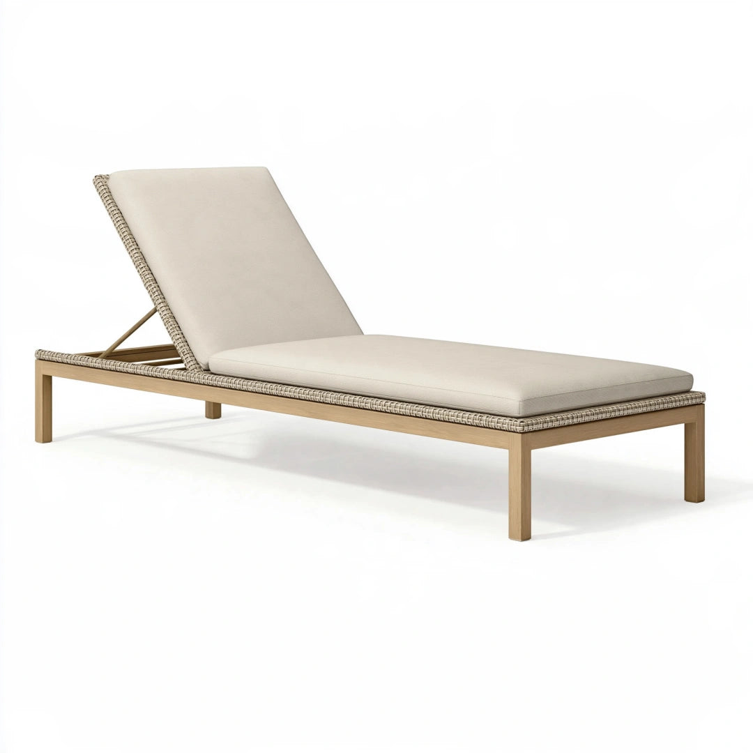 Lettino prendisole 200 x 70 cm in legno beige con schienale reclinabile per esterno