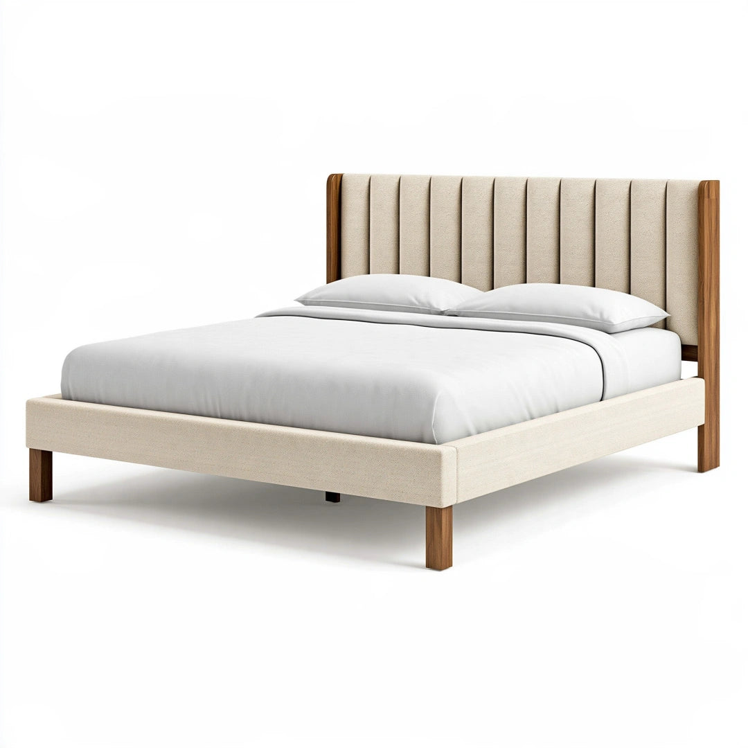 Letto matrimoniale 160 x 200 cm in legno e tessuto beige - testiera imbottita stile moderno