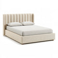 Letto matrimoniale 160 x 200 cm in tessuto beige con testiera imbottita a canali