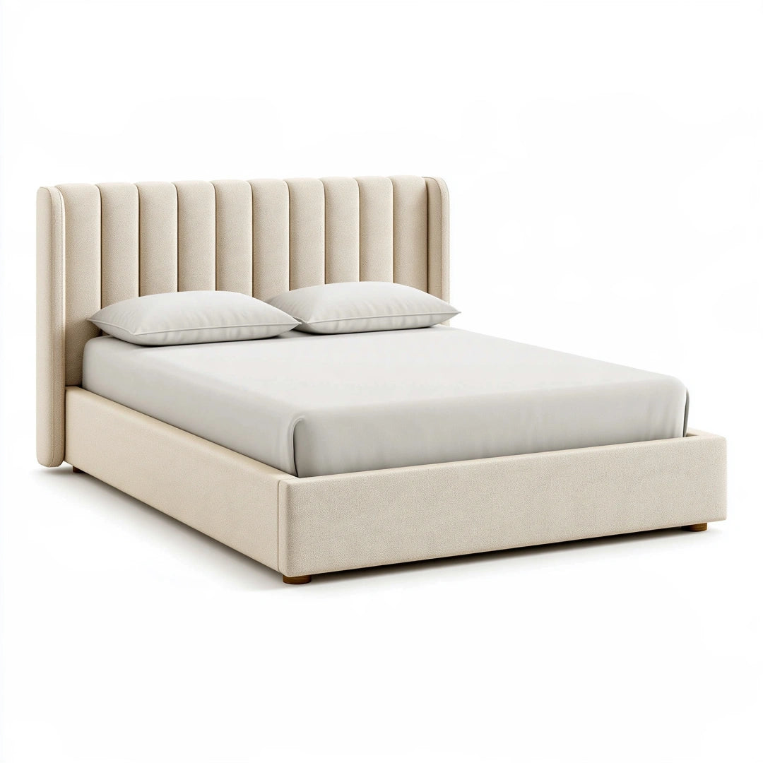 Letto matrimoniale 160 x 200 cm in tessuto beige con testiera imbottita a canali