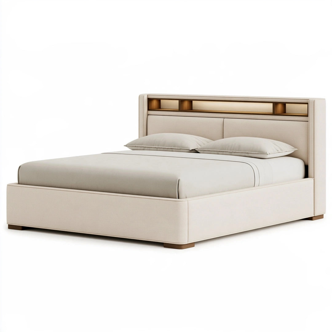 Letto matrimoniale 180 x 200 cm imbottito beige con testiera a ripiani moderno